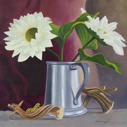 oil painting of white daisies in a pewter mug with pumpkin stems and a catipillar