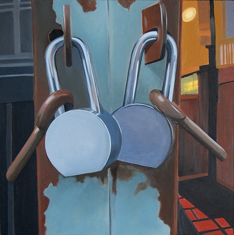 oil painting of two padlocks on a door on the street in New York, NY