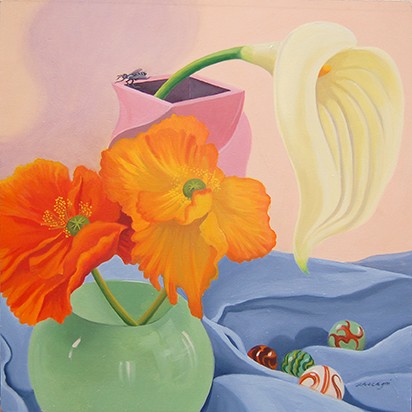oil painting, still life, flowers, insect