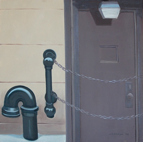 oil painting of door, fire hydrant and chain in New York, NY