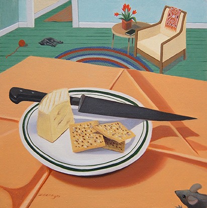 oil painting, still life, crackers, cheese, mouse, cat, knife