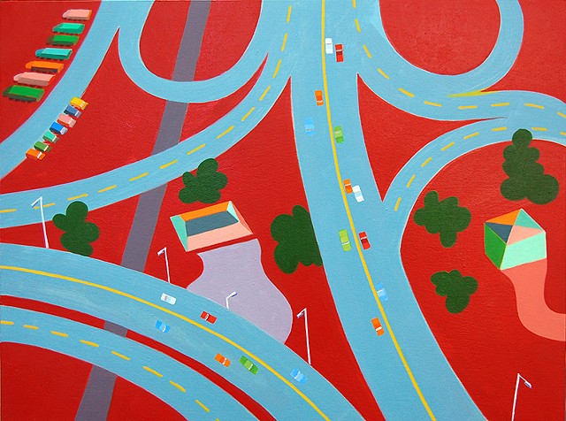 abstract oil painting of aerial view of highway interchanges