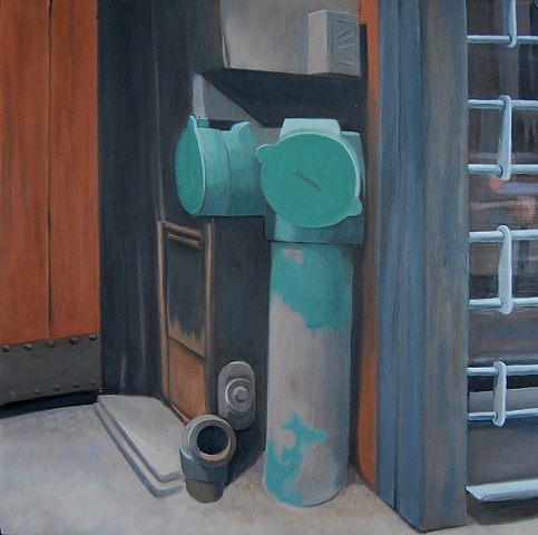 oil painting of a green double fire hydrant in New York, NY