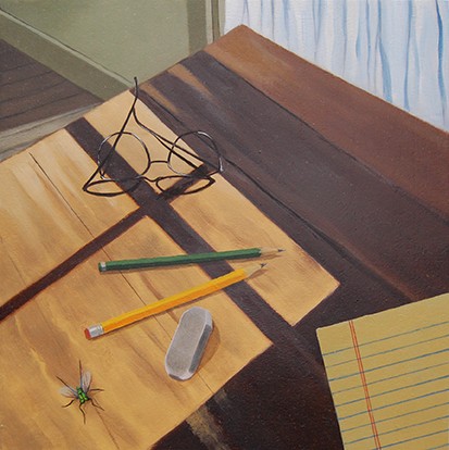oil painting, still life, drawing table, eye glasses, pencils, writing tablet, interior