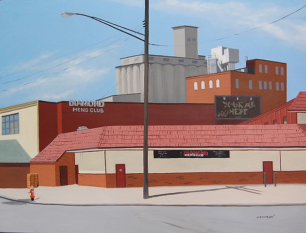 oil painting of industrial buildings in Cleveland Flats area of Cleveland, OH