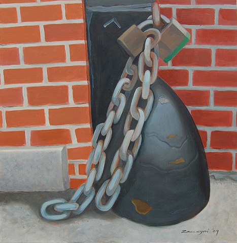 oil painting of two padlocks and chain in Manhattan, NY