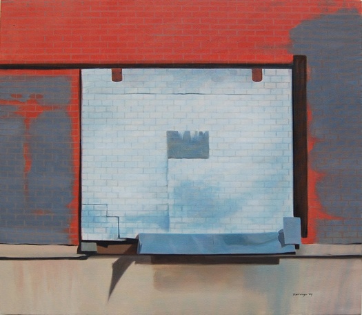 oil painting of a sliding door in abandoned warehouse in Kansas