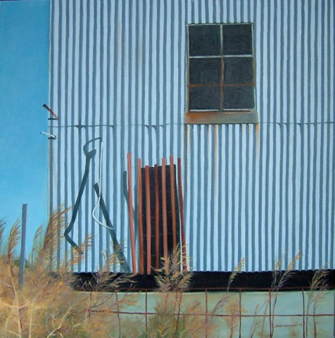 oil painting of abandoned building in a boatyard, Long Island, NY