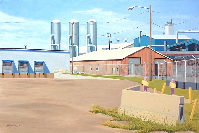 oil painting of industrial buildings in Cleveland Flats area of Cleveland, OH