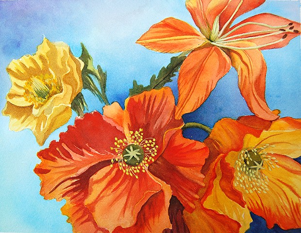 watercolor of red poppies and orange day lily