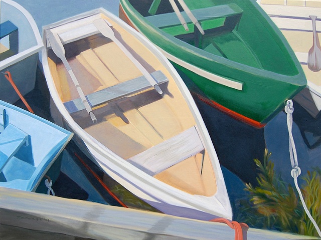 oil painting of skiffs, boats, docked at Port Clyde, Maine