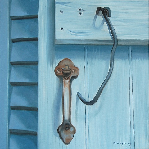 architectural oil painting of door latch on barn in Friendship, Maine