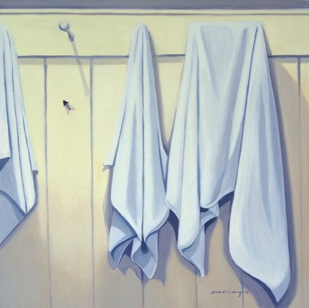 oil painting of white towels hanging on pegs with a fly on the wall