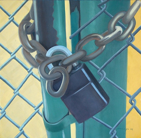 oil painting of chain, chain link fence and padlock in New York, NY