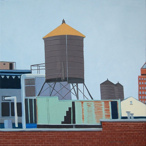 oil painting of water towers in New York, NY