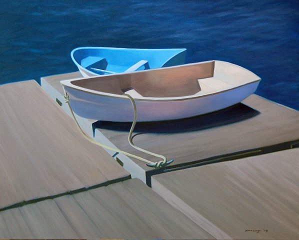 oil painting of skiffs, boats,  dock, Bayville, NY