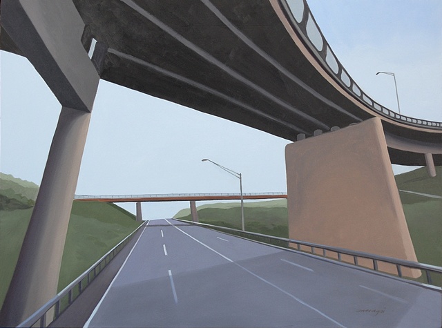 oil painting on panel of highway underpasses and overpasses