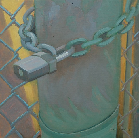 oil painting of chain link fence, padlock and chain in Manhattan, NY