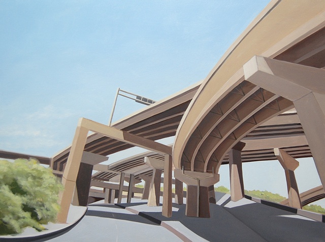 oil painting landscape with highway overpass/underpass