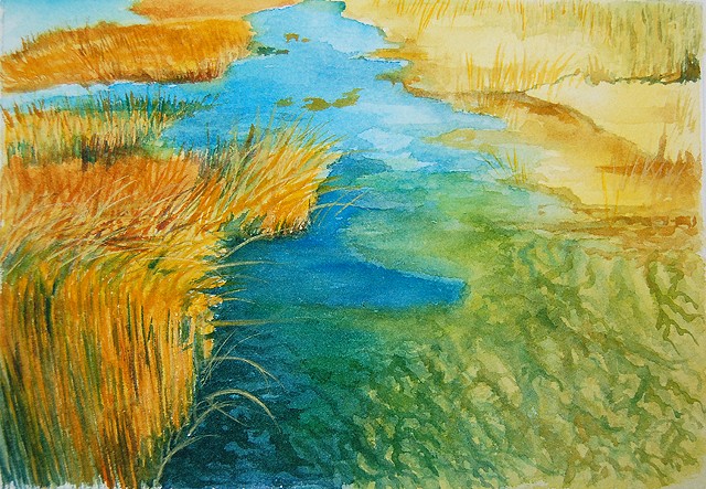 Watercolor painting of inlet waterway in Maine