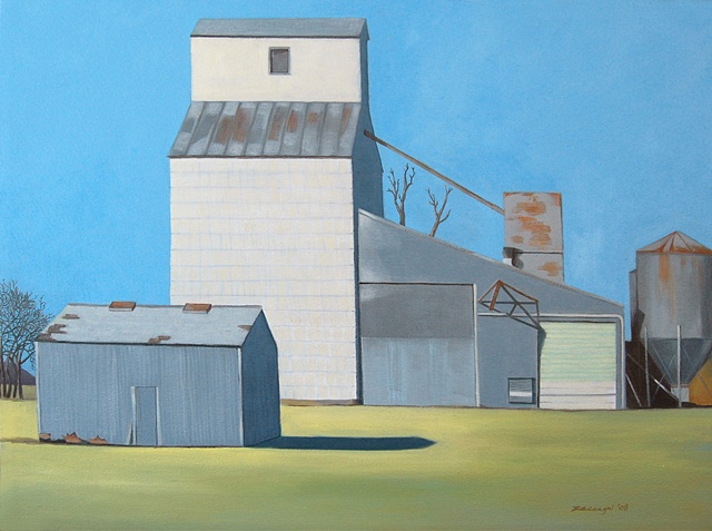 oil painting of a grain silo in Kansas