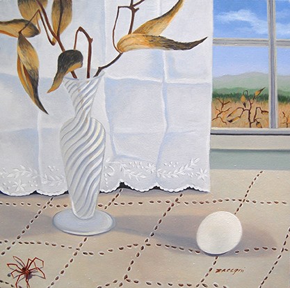 oil painting, still life, egg, milkweed, insect
