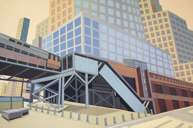 architectural oil painting of a cityscape, street, and overpass