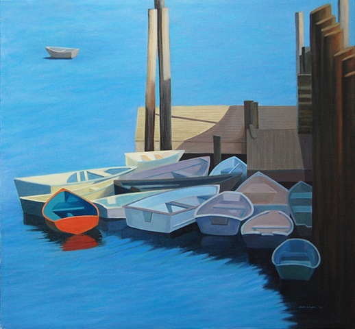 oil painting of skiffs, boats,  docked at Port Clyde, Maine