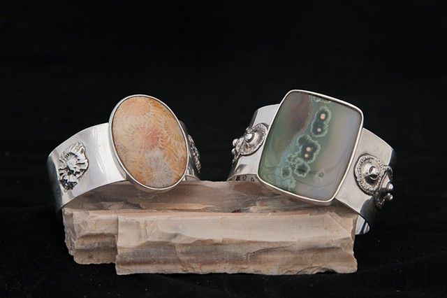 Sterling silver cuffs with fossils. Fossilized cora (left) Ocean Jasper (right)