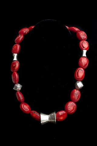 037 Coral and Sterling Beaded Necklace