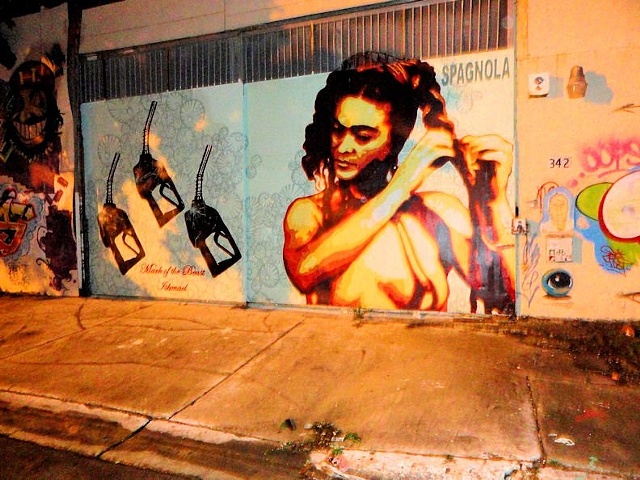 A photo of the mural at night, after the streets had been painted for Art Basel Miami