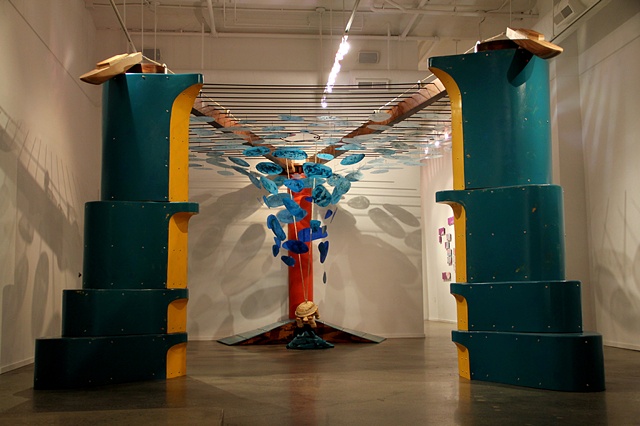 Image of Flotsam installation by Matthew Stemler artist at LGTripp Gallery sculpture wood steel abstract