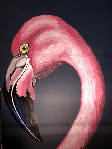 Giant flamingo in female bathroom Trops