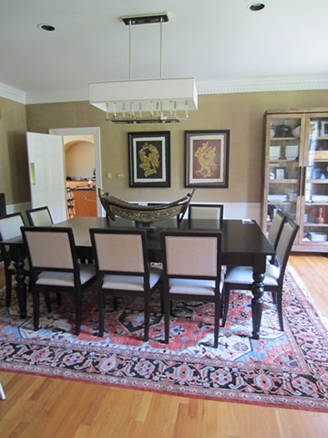 Gold linen 'panels' in dining room.