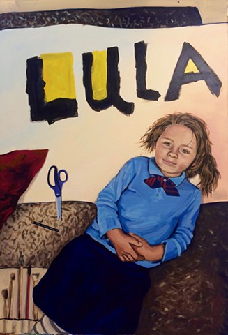 Lula couch, Dewey dog oil painting