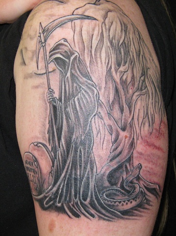 Grim reaper with willow tree and snake