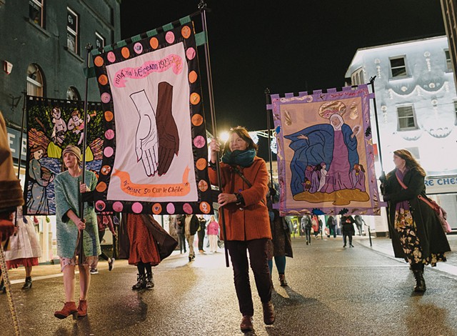The Banners on SHop Street Galway 8th December 2023, in procession to the *Reflections* event at St Nicholas Church