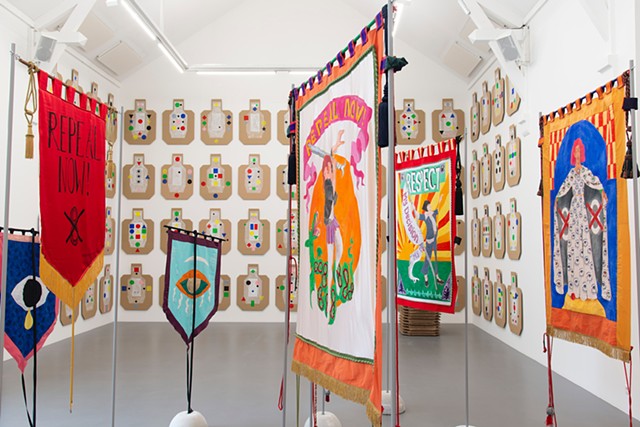 Eye Bannerettes and ACREA Banners by Alice Maher, Breda Mayock, Rachel Fallon and Sarah Cullen
at Kunsthaus Rhenania, Cologne, curated by Anne Magher. Also at La Criee Centre D'Art Contemporain, Rennes France  

photo by Sevaan Drennes 