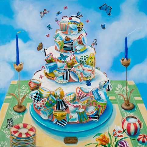 delicious, whimsical, fanciful,visual pun,layer cake built of cups, acrylic painting by Chris Miroyan