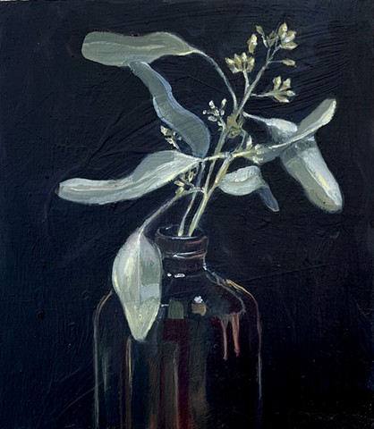 Dried silver leaves and miniature flowers in a brown bottle, oil painting, oil on muslin and panel