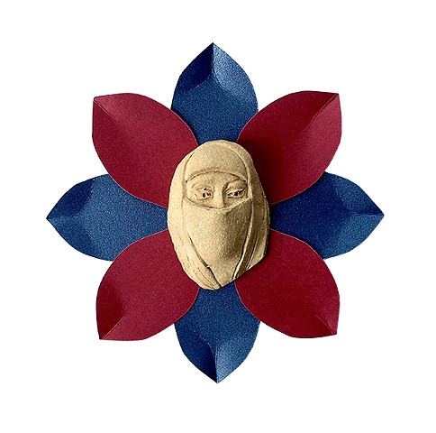 Light brown woman/Burka, blue and red flower petals, low relief, miniature clay fired sculpture