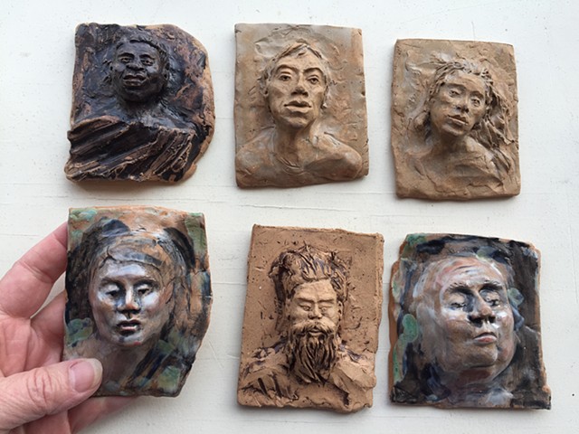 PEOPLE I’D LIKE TO MEET (Detail)  Individually these tiles are approximately 3" x 4", low relief figurative sculptures. 