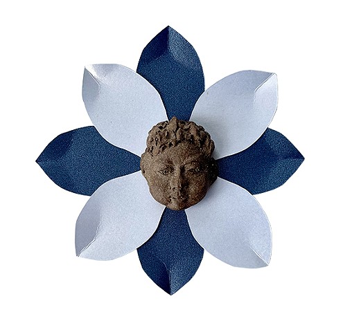 Brown boy, paper flower with blue and white petals, Clay fired sculpture