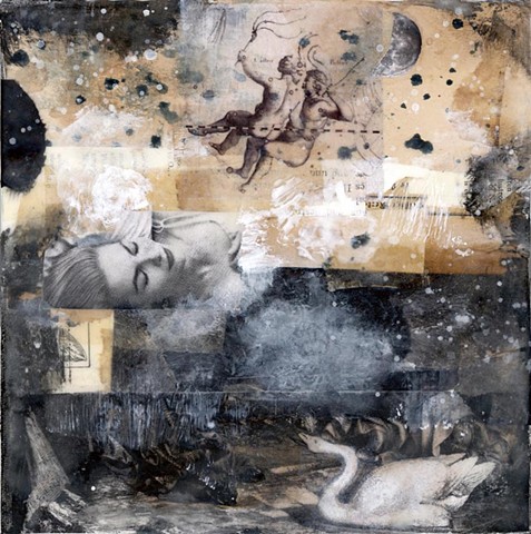 Angela Petsis; Encaustic Collage; dreamy art; encaustic art; original art; collage; encaustic; mixed media; encaustic mixed media; swan art