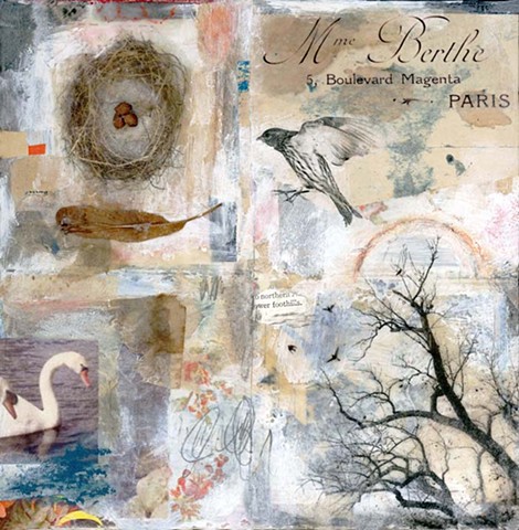 Angela Petsis; nature art; mixed media art; original art; mixed media collage; collage; original collage; swan art; bird art