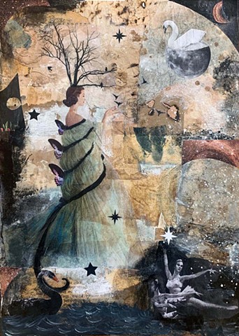 Angela Petsis; fairytale art; mixed media; nature art; collage; mixed media collage; original art; whimsical art; angela petsis art; encaustic art