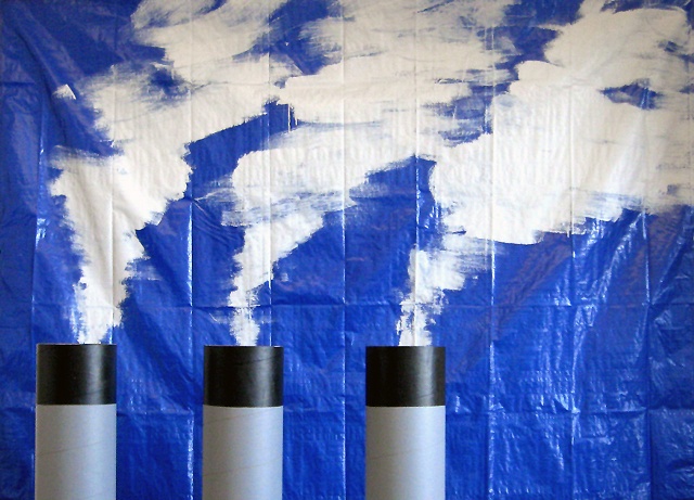 photograph of sculpture of painted smoke stack and stock photo by Rena Leinberger
