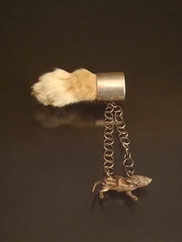 brooch, dead mouse cast in shibuishi, taxidermy cat paw, sterling silver