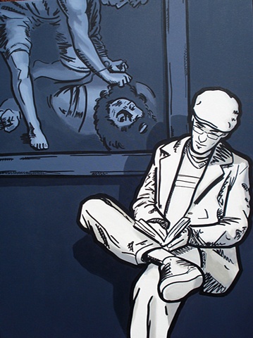 Reader in front of David & Goliath, acrylic and graffiti marker on canvas, by Adam Matak.