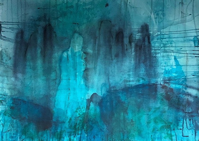 Moody, blue figurative landscape